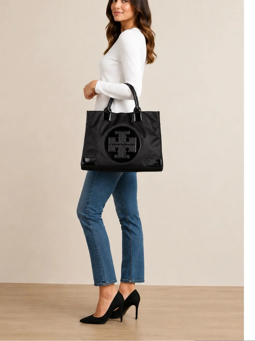 Tory Burch Ella black nylon & leather large tote